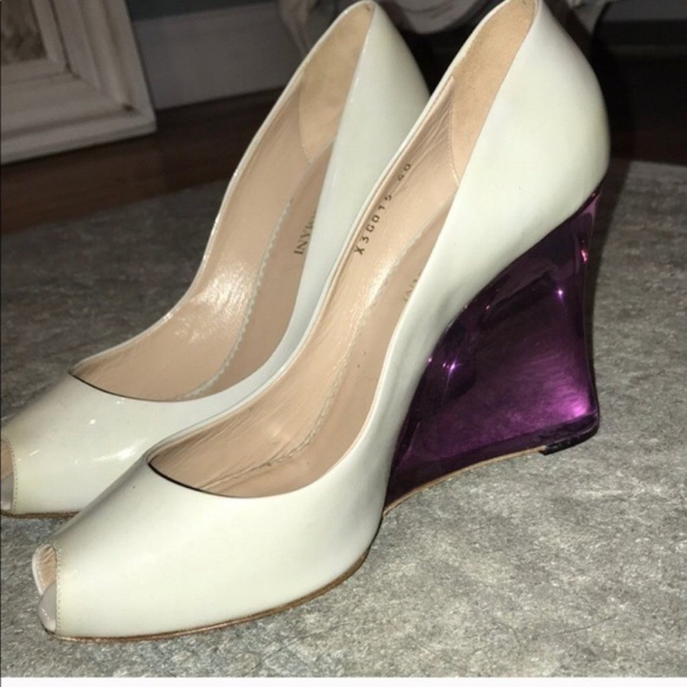 ARMANI Purple Lucite and Ivory Patent Wedges